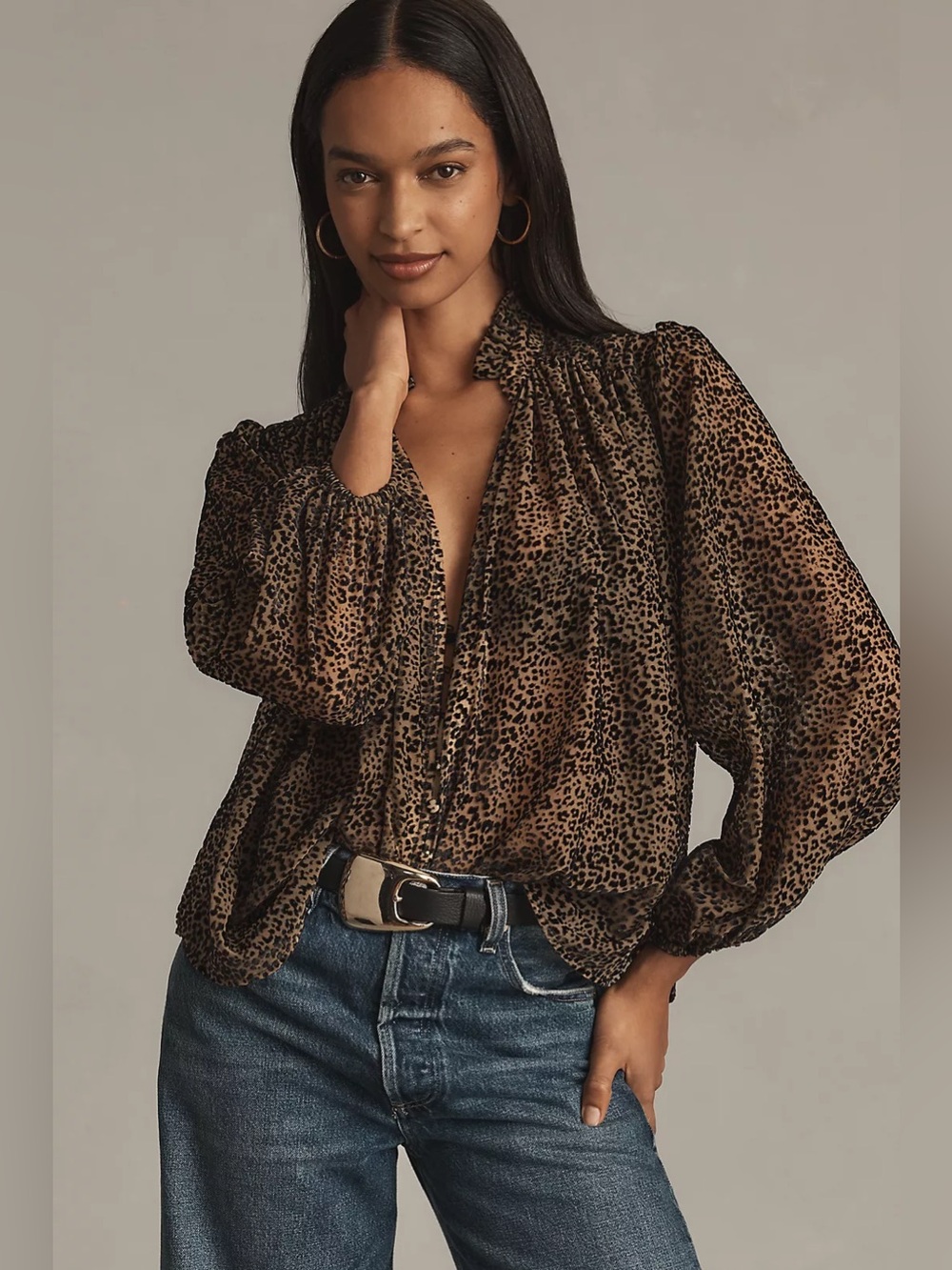 ANTHROPOLOGIE The Estela Sheer Leopard Print Burnout Edition Ruffle Blouse M